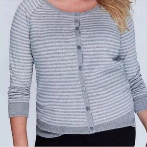 Lane Bryant Metallic Silver & Gray Stripe Button Down Cardigan Sweater